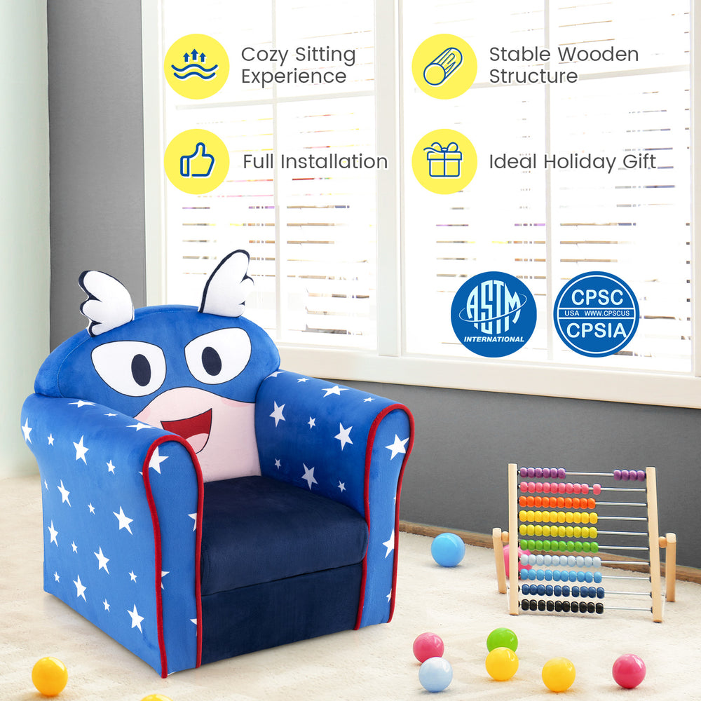 Kids sofa with armrest and thick cushion in blue, featuring a cute design, solid wood construction, ideal for ages 1-3.
