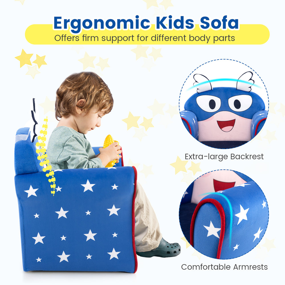 Ergonomic kids sofa in blue with thick cushion, wide backrest, and comfortable armrests, perfect for ages 1-3.