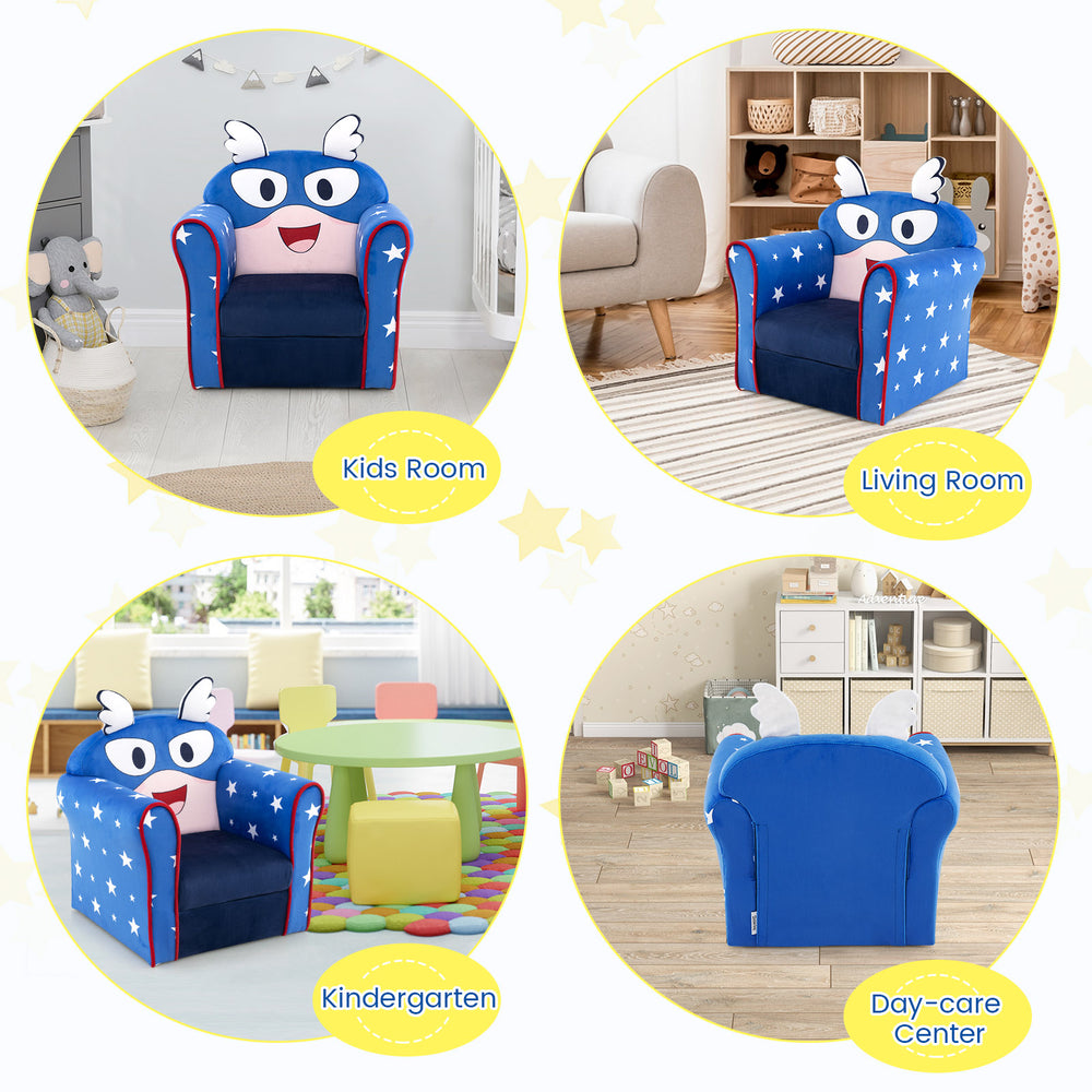 Blue kids sofa with armrest and thick cushion, featuring a cute design, ideal for kids' rooms and play areas.