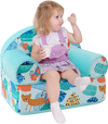 Kids armchair in blue with cute patterns, featuring a plush velvet cover and soft sponge filling, perfect for playtime.