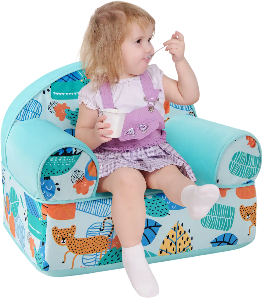 Kids armchair in blue with cute patterns, featuring a plush velvet cover and soft sponge filling, perfect for playtime.