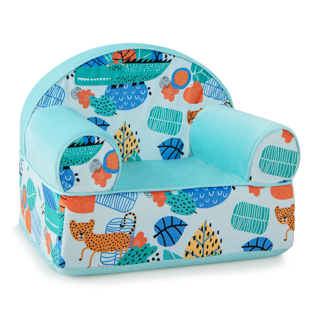 Kids armchair in blue with cute patterns, featuring a plush velvet cover and soft sponge filling for comfort and.