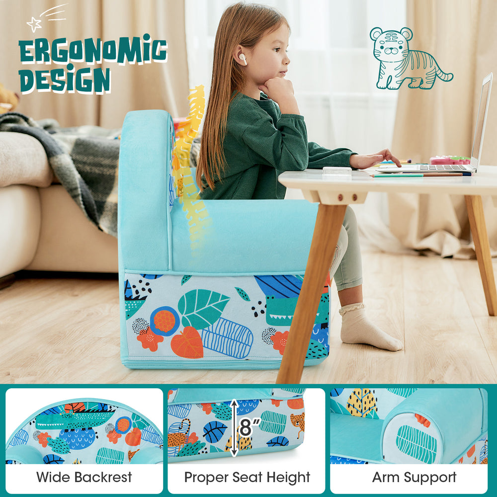 Kids armchair in blue with plush velvet cover, ergonomic backrest, and arm support, ideal for reading and play.