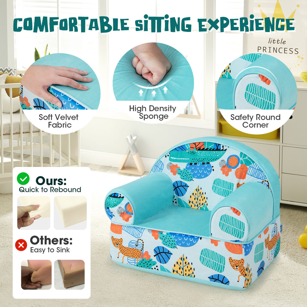 Kids armchair in blue with plush velvet cover and soft sponge filling, perfect for reading and playing in a child's.