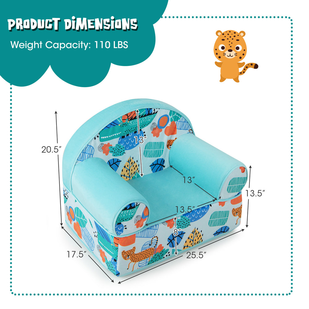 Kids armchair in blue with plush velvet cover, ergonomic design, and cute patterns, perfect for kids' rooms and.