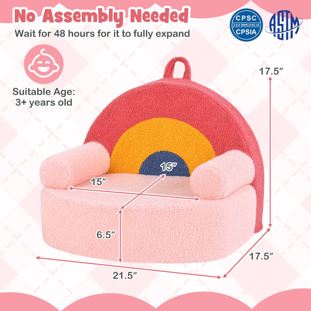 Kids sofa with rainbow design, soft fleece cover, high-density foam, and removable washable cover for comfortable.