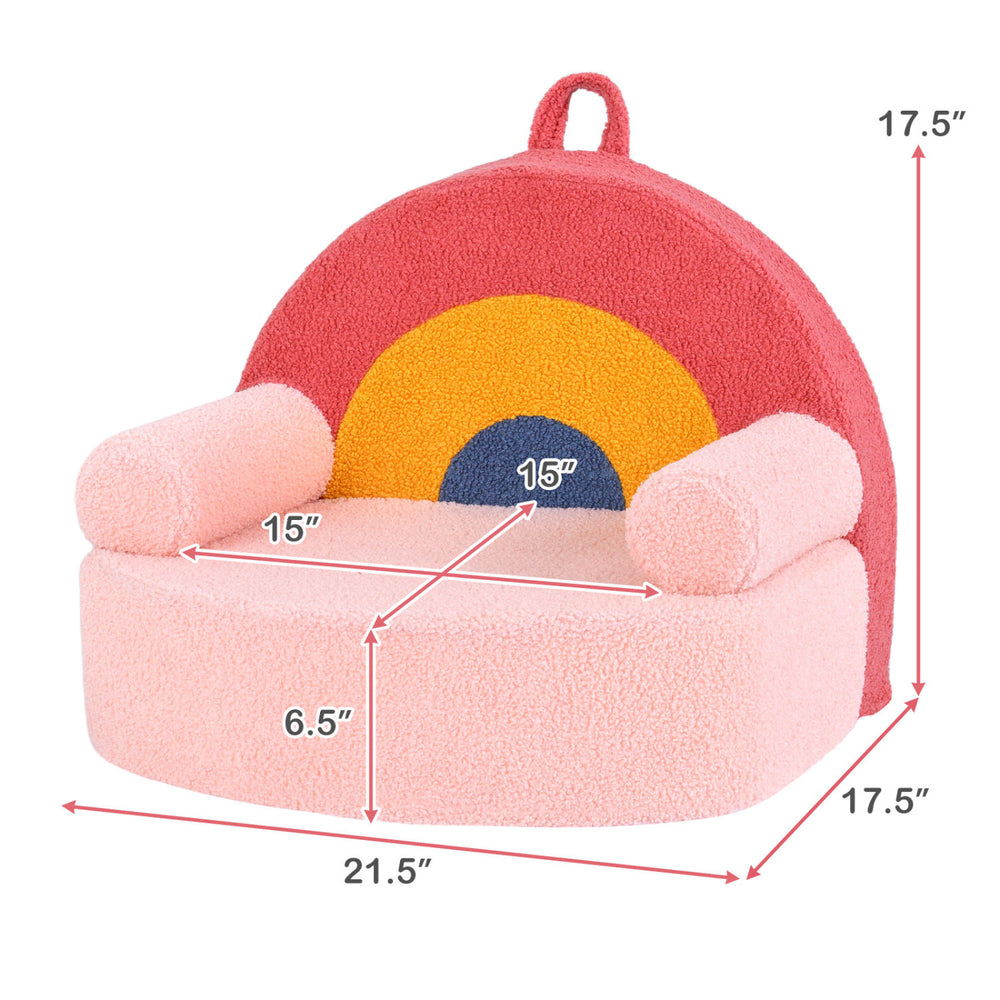 Toddler foam couch in rainbow design, featuring a sturdy base and cozy armrests, ideal for comfortable lounging.