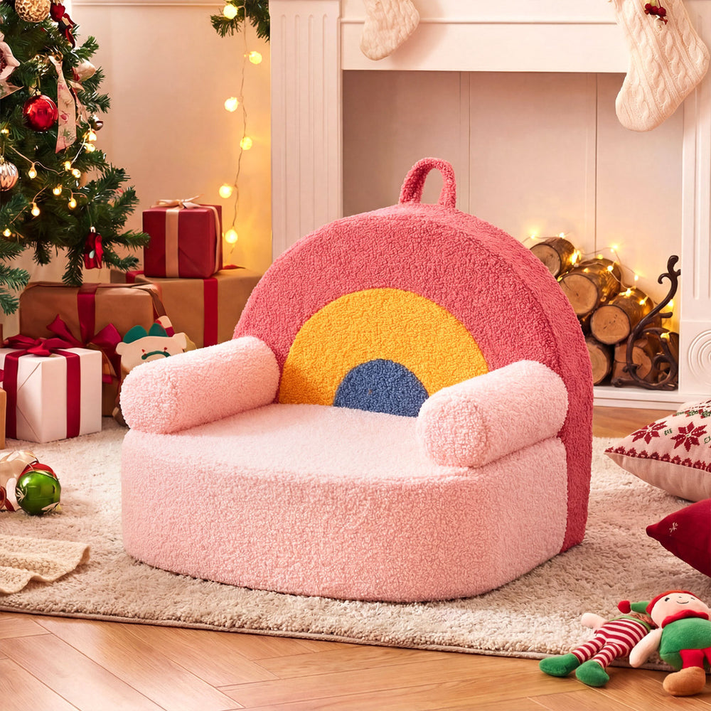 Kids sofa in rainbow design with soft fleece cover, high-density foam, and removable washable cover for toddler comfort.