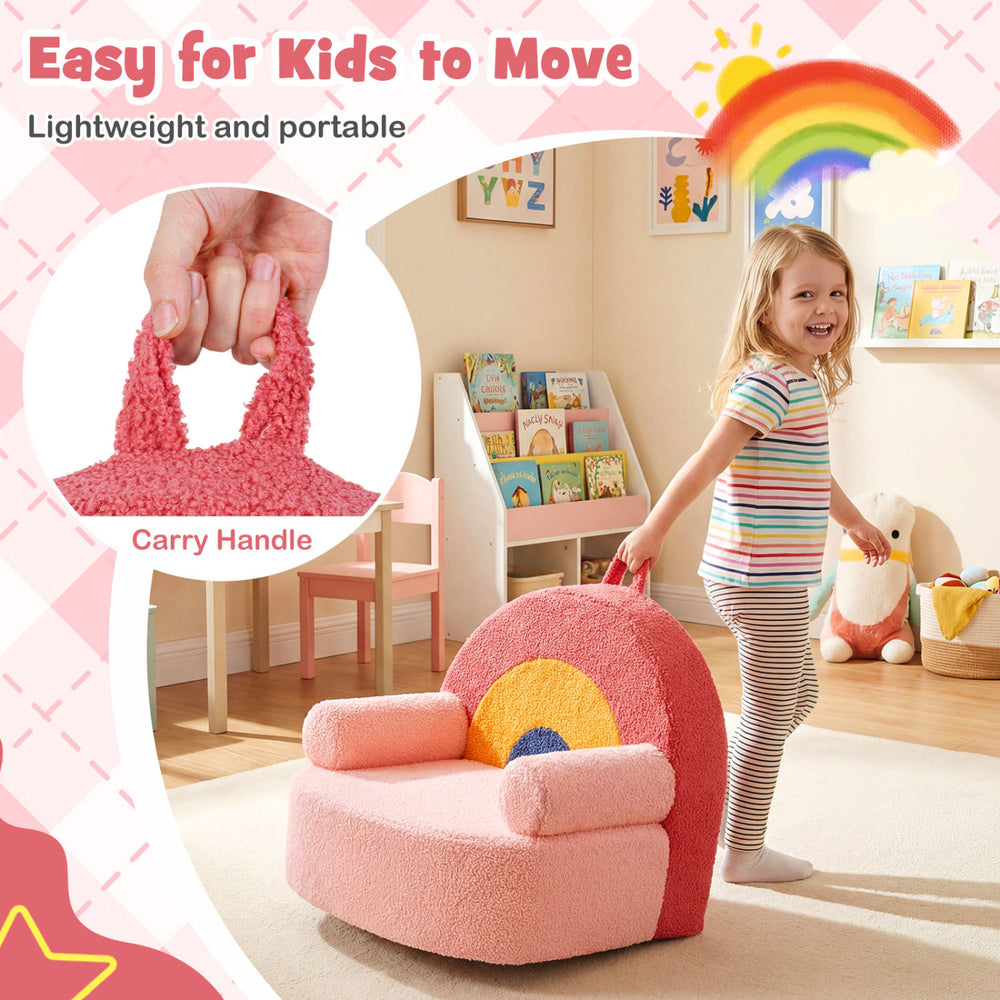 Kids sofa with a carry handle, featuring soft teddy fleece fabric and high-density foam for comfort and support.
