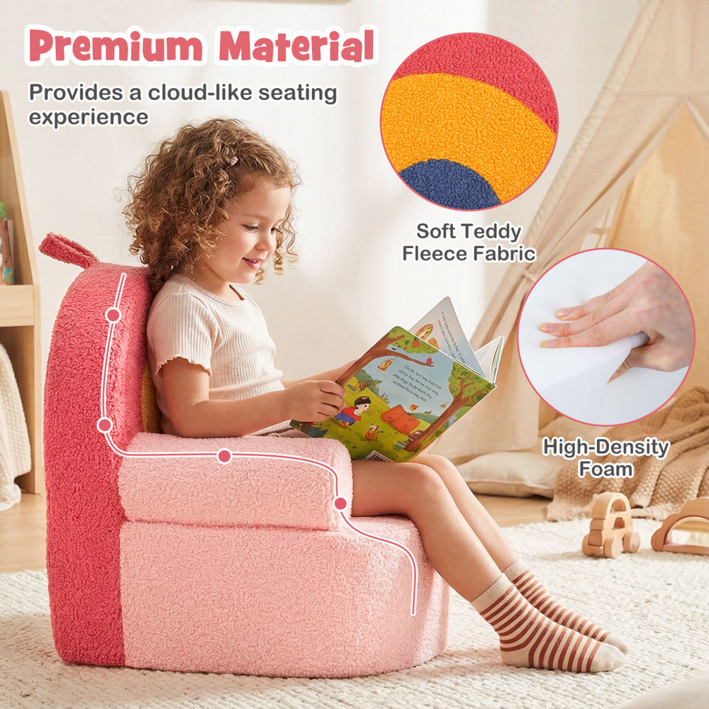 Kids sofa in red with soft fleece fabric, high-density foam, and a side pocket, perfect for comfortable reading.