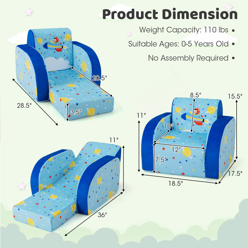 Convertible kids sofa with planet pattern, 3-in-1 design for play, nap, and sleep, suitable for ages 0-5 years.