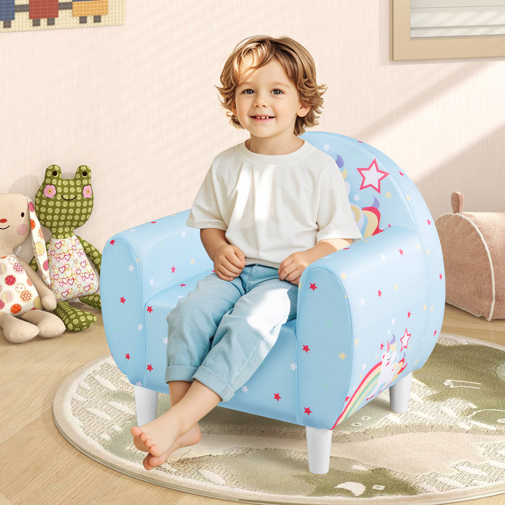 Blue kids sofa featuring cute unicorn patterns, high-density sponge filling, and ergonomic backrest for comfort and.