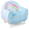 Kids sofa in blue with unicorn patterns, featuring high-density sponge filling and ergonomic design for comfort and.