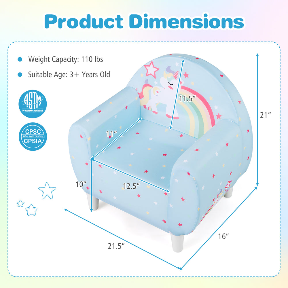 Kids sofa in blue with unicorn patterns, high-density sponge filling, ergonomic backrest, ideal for ages 3+ for reading.