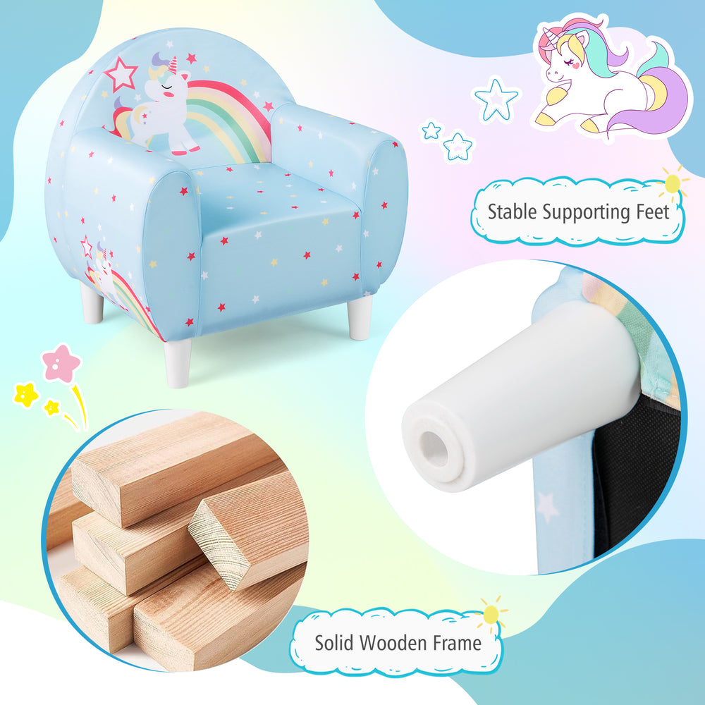 Kids sofa in blue with unicorn patterns, featuring a solid wooden frame and stable feet for safe, comfortable seating.