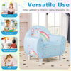 Kids sofa in blue with unicorn patterns, featuring high-density sponge and ergonomic design for comfort and safety.