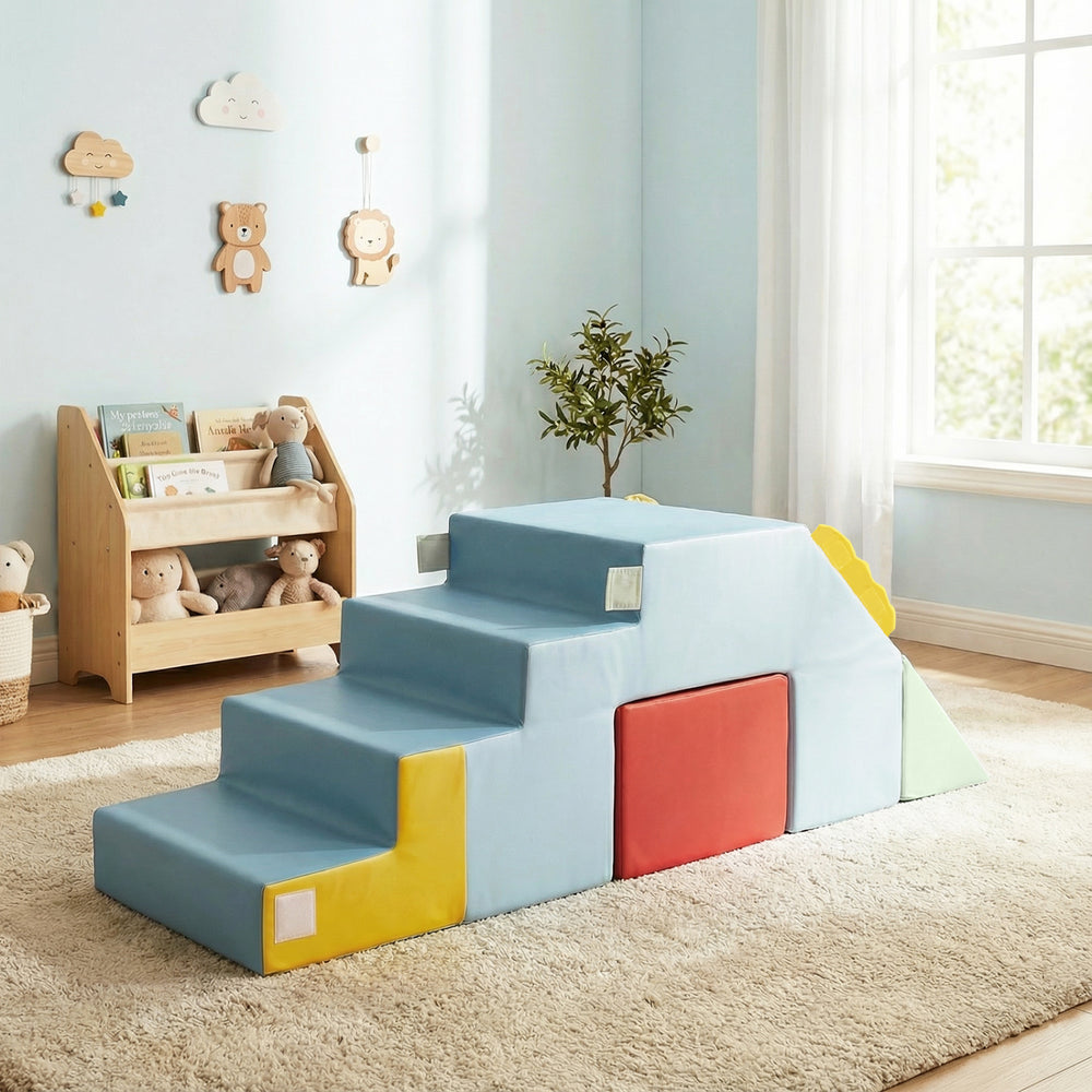 Colorful kids' soft foam blocks with rounded corners, ideal for playrooms, convertible into a slide or table and chair.