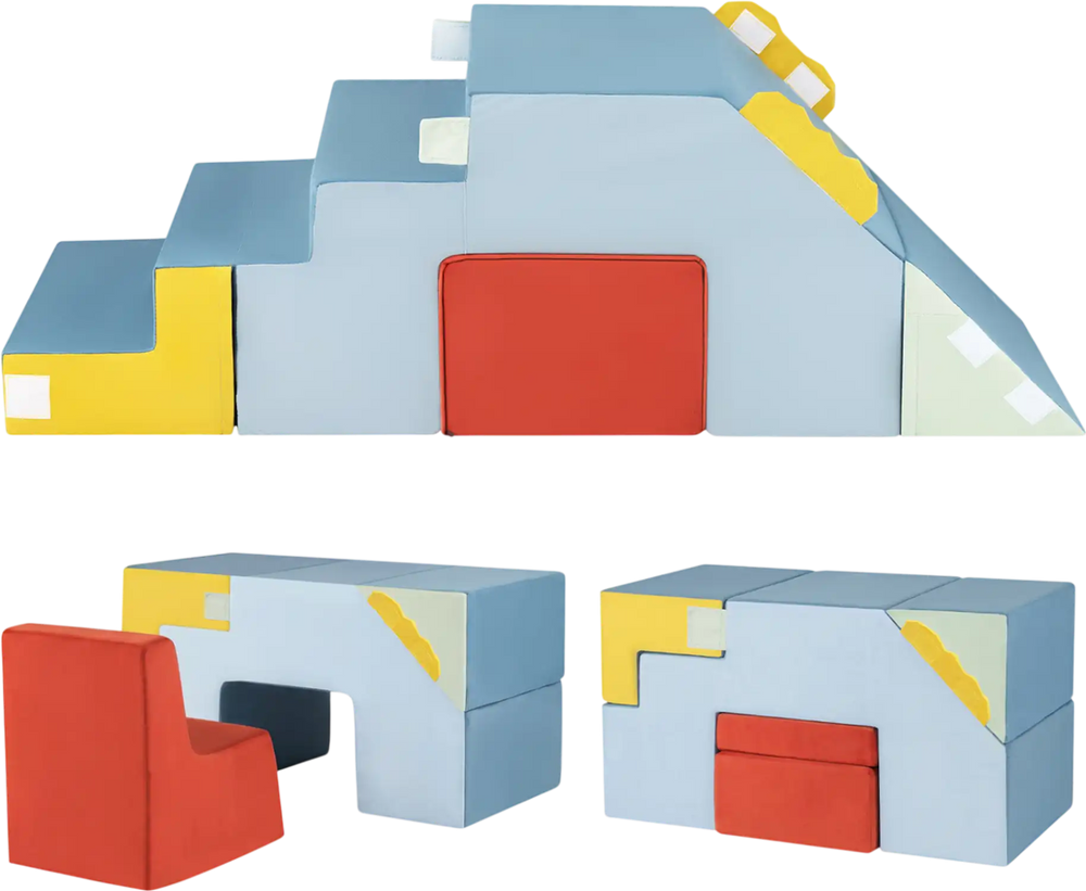 Kids soft foam blocks set in blue, featuring a convertible table and chair, ideal for playrooms and safe play.