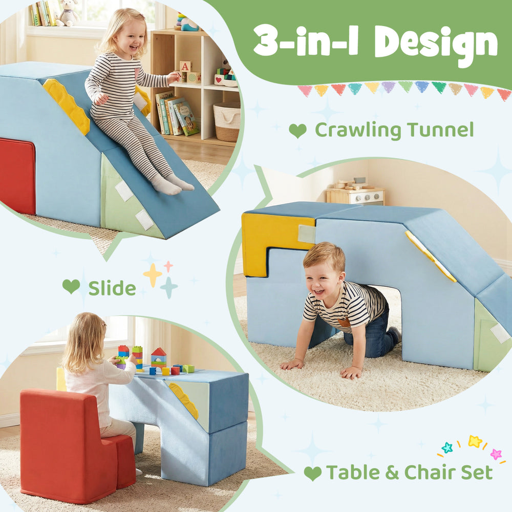 Kids soft foam blocks in blue, featuring a slide, crawl tunnel, and table & chair set for safe, versatile play.