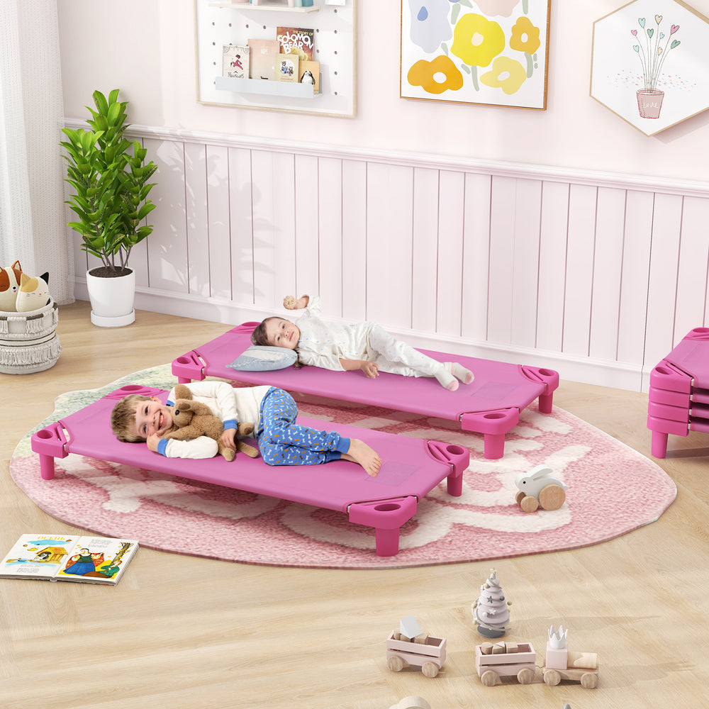 Kids Stackable Daycare Cot Pack of 6 with Detachable Oxford Cloth-Pink - Gallery View 1 of 11