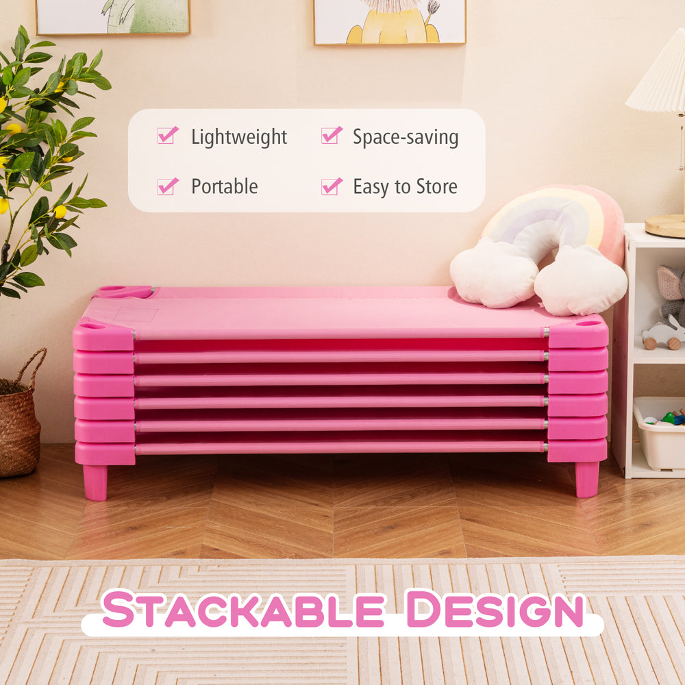 Pink stackable daycare cot with detachable Oxford cloth, designed for easy storage and lightweight portability.