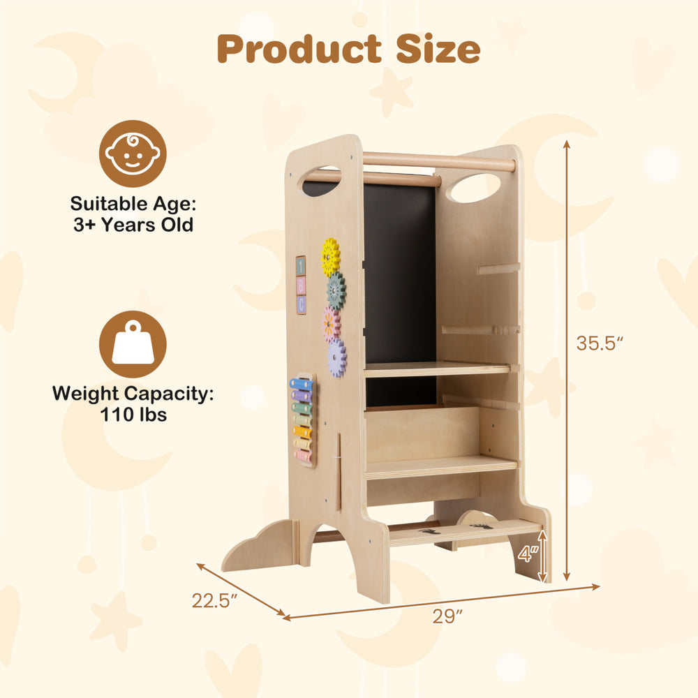 Kids standing tower with detachable chalkboard, beech wood, 3 height options, promotes independence for ages 3+.
