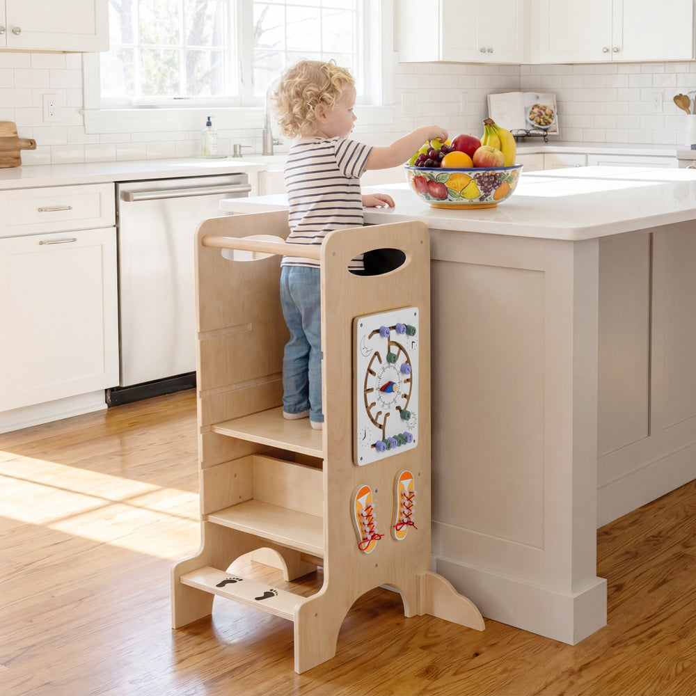 Kids standing tower with detachable chalkboard, beech wood guardrails, and Montessori games for ages 3+, promoting.