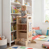 Kids standing tower with detachable chalkboard, beech wood guardrails, and Montessori games for ages 3+ years.