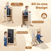 Kids standing tower with detachable chalkboard, high chair, and easel, designed for ages 3+ to promote independence.
