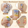 Montessori games on the kids standing tower, featuring a clock, xylophone, gears, and shoe laces for hands-on learning.