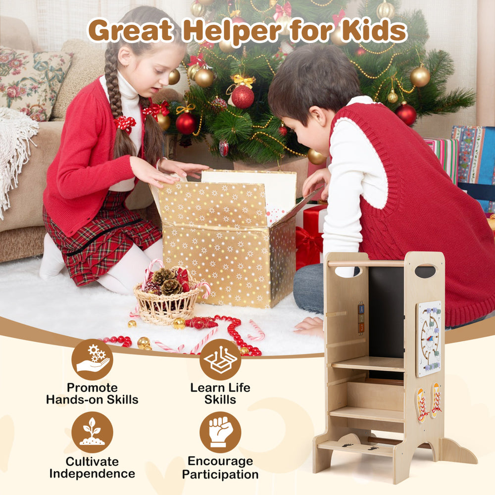 Kids standing tower with detachable chalkboard, beech wood guardrails, promotes hands-on skills and independence.