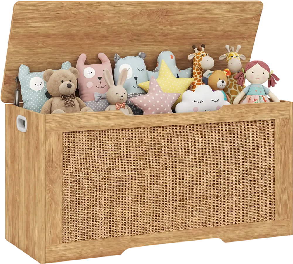 Kids storage bench with rattan texture, flip-top design, and toys inside, perfect for playrooms and bedrooms.
