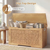Kids storage bench with flip-top design, natural wood finish, and rattan texture, perfect for toy organization and.