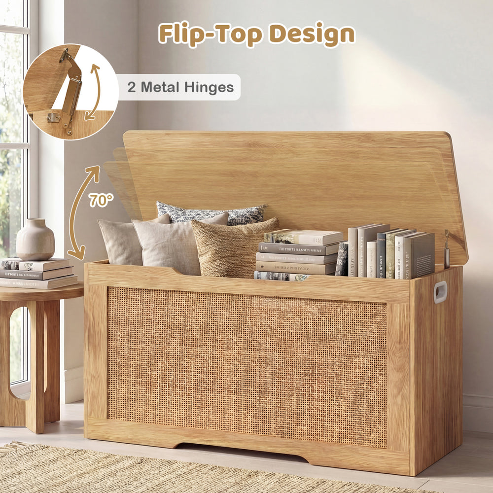 Kids storage bench with flip-top design, natural wood finish, and rattan texture, perfect for toy organization and.
