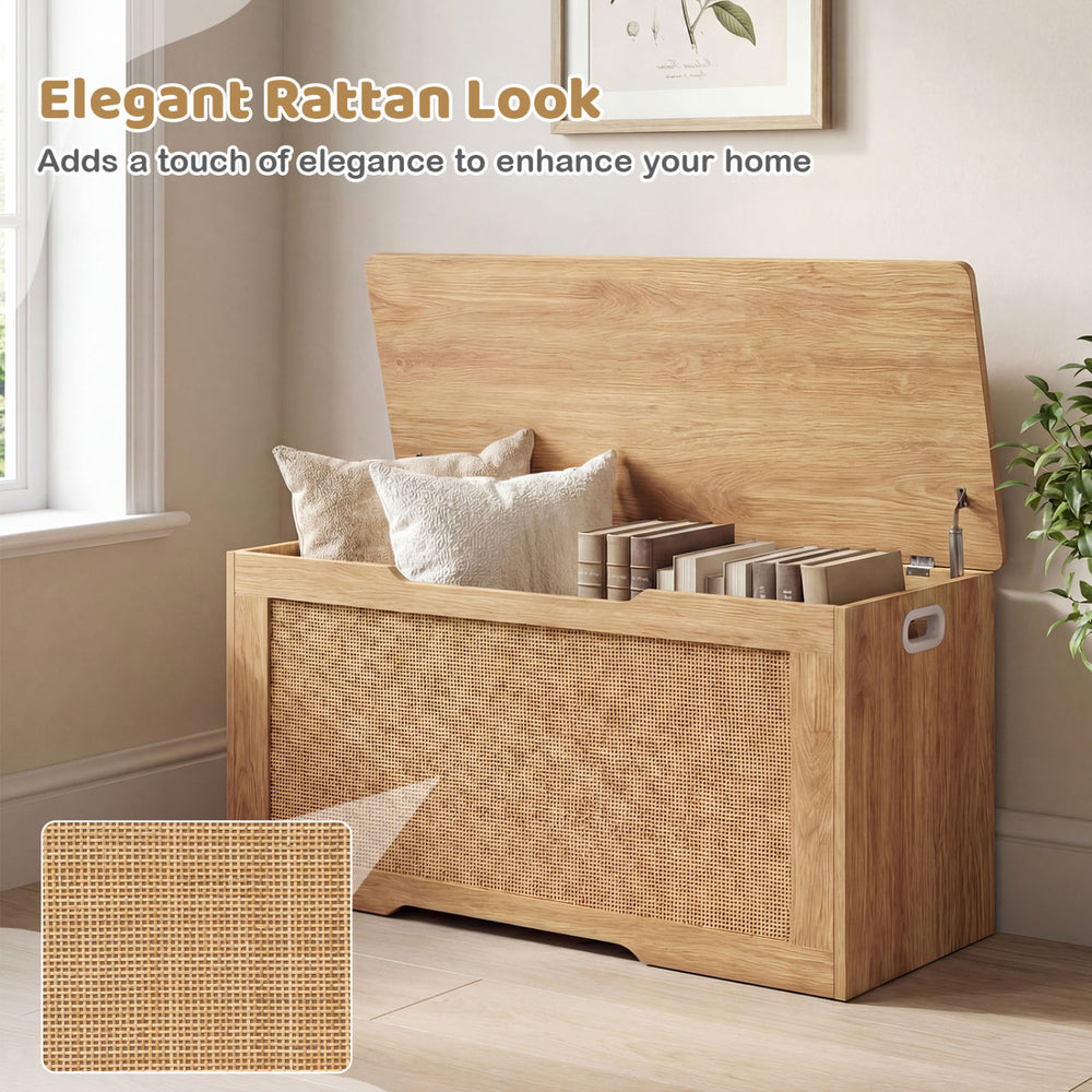 Kids storage bench with rattan texture, flip-top design, and handles for easy access in natural wood finish.