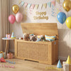 Natural kids storage bench with rattan texture, flip-top design, and soft-close hinges for safe toy organization.