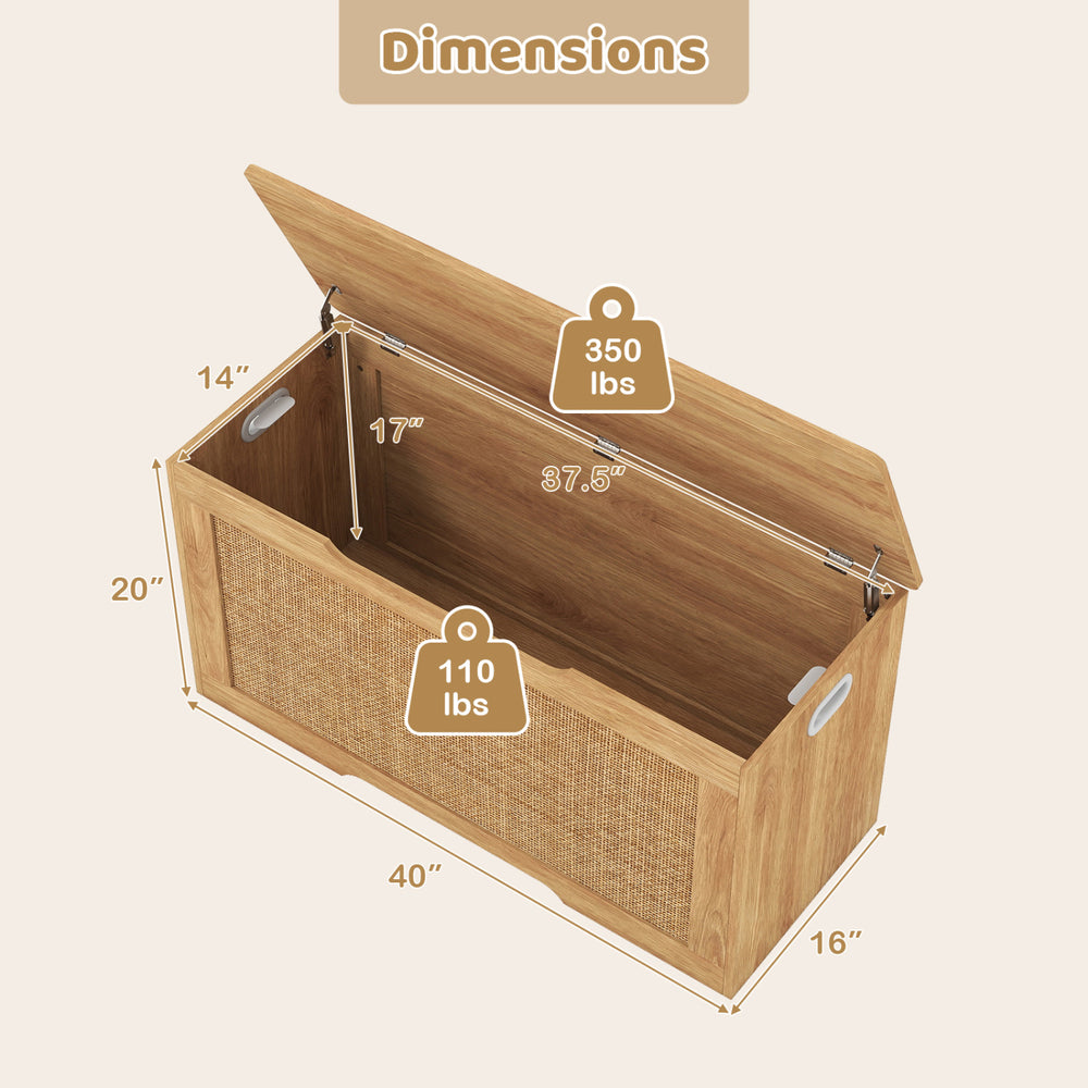Kids storage bench with flip-top design, rattan texture, and dimensions for toy organization in playrooms or bedrooms.