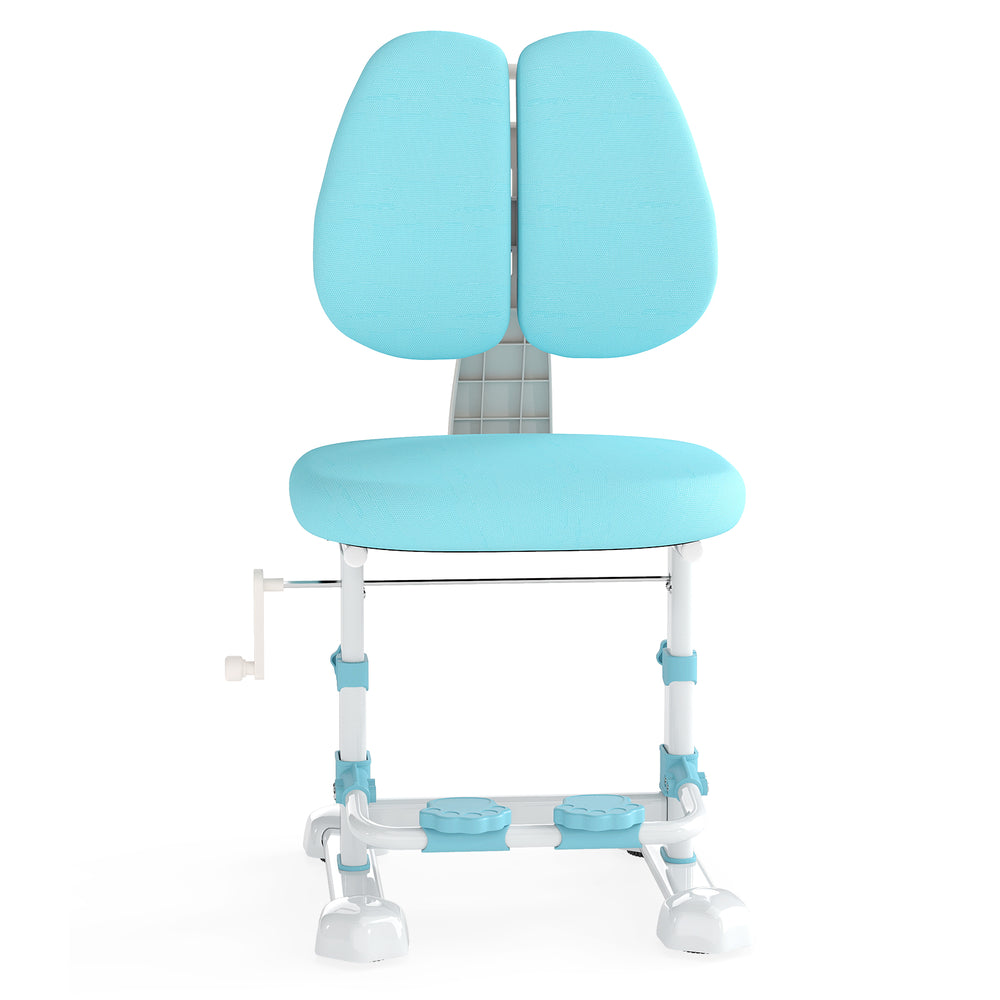 Kids study chair in blue with adjustable double backrest and footrest for ergonomic support and comfort during study.