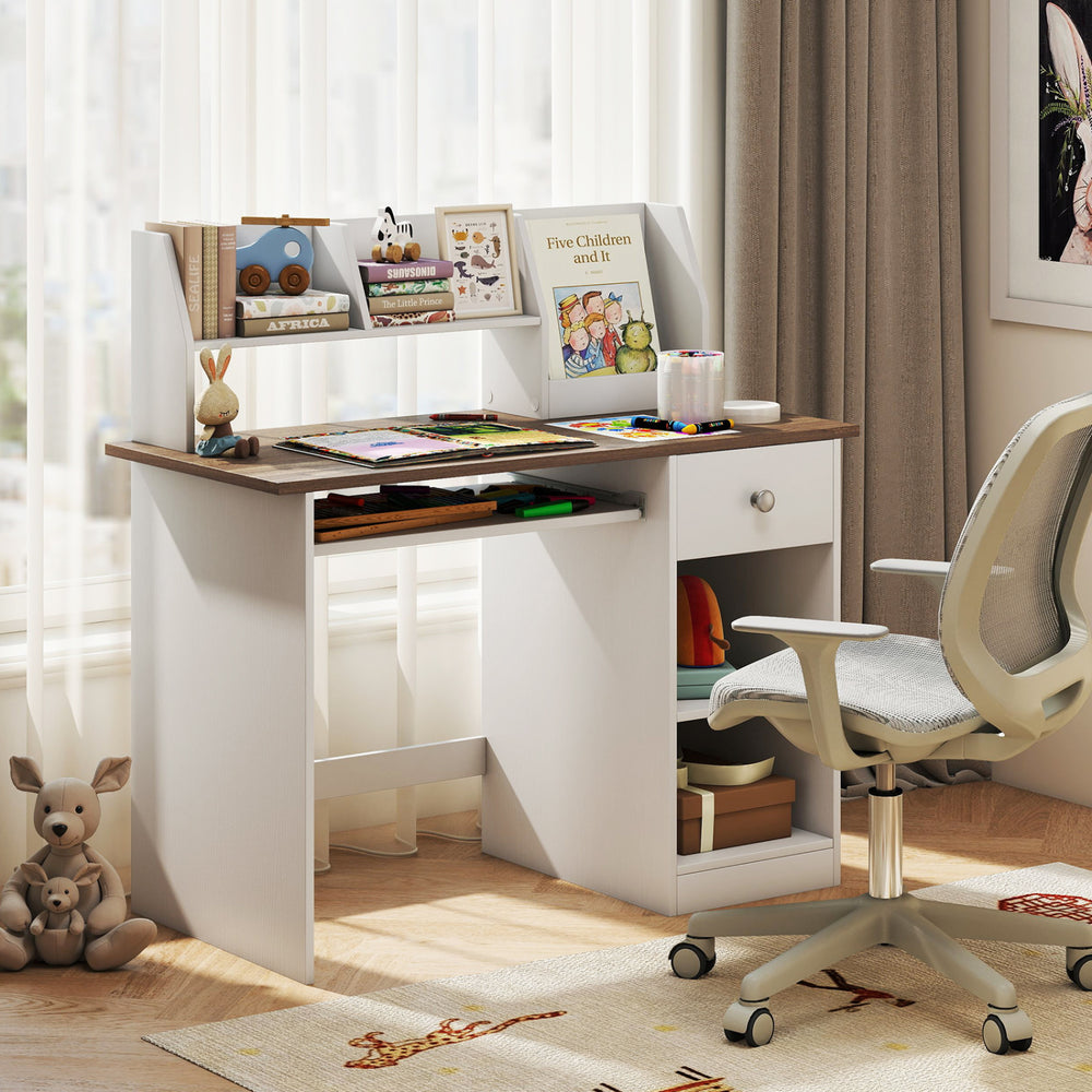 Kids study desk in natural finish with shelves, drawer, and keyboard tray, ideal for children's writing and creativity.