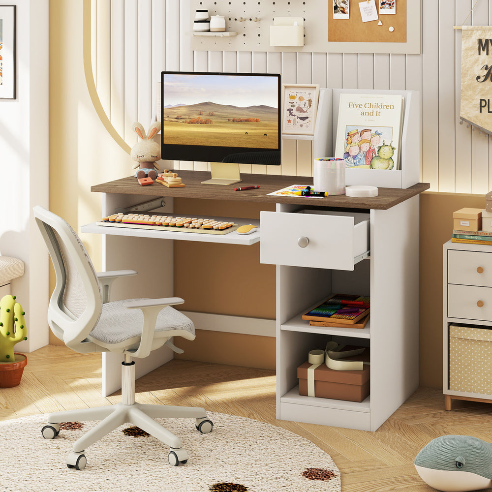Kids study desk in natural finish featuring a drawer, shelves, and keyboard tray, ideal for children's study space.