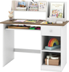 Kids study desk in white and natural wood with drawer, shelves, and keyboard tray for children's writing and study.