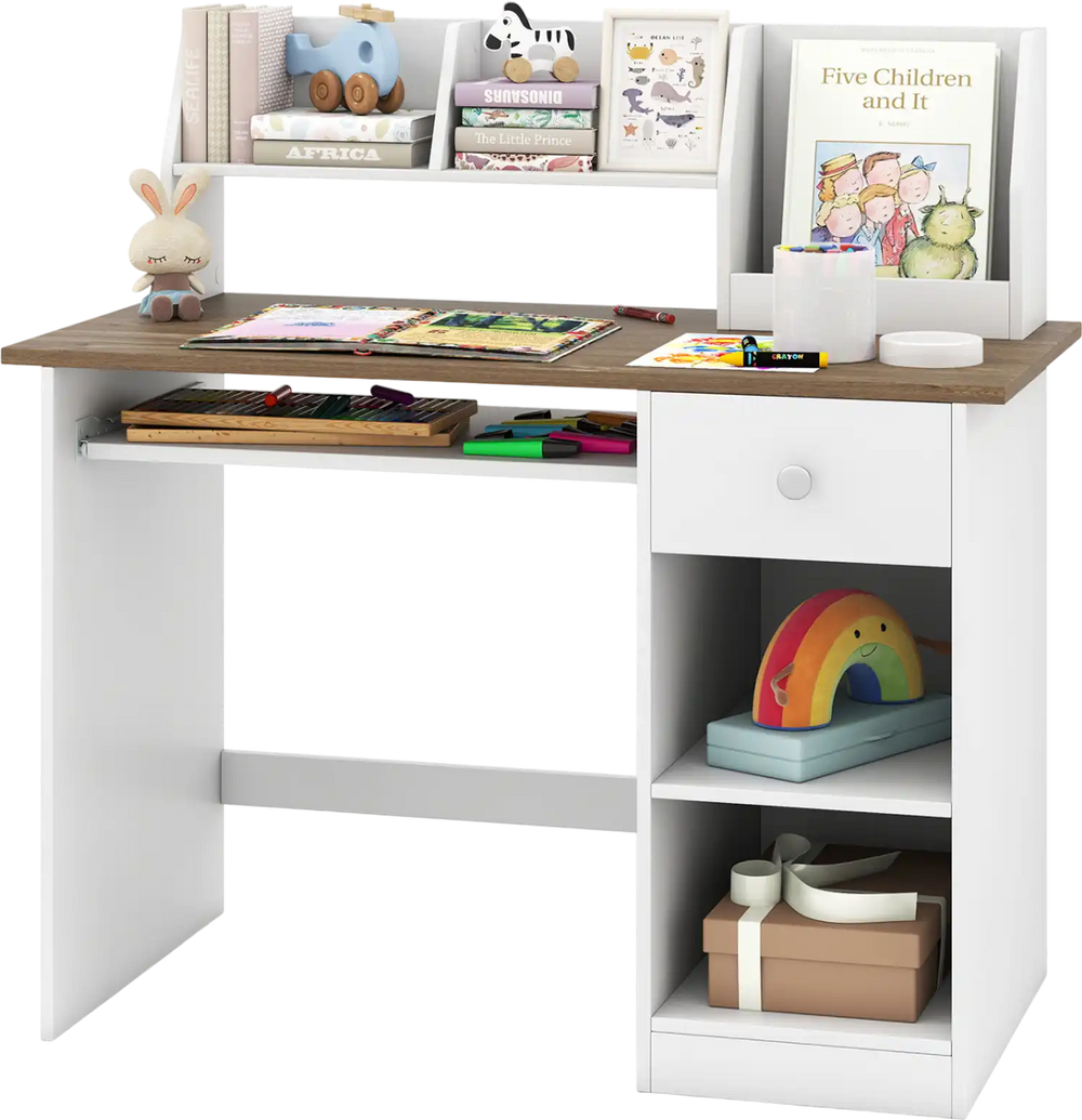 Kids study desk in white and natural wood with drawer, shelves, and keyboard tray for children's writing and study.