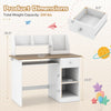 Kids study desk with dimensions, featuring a drawer, shelves, and keyboard tray in natural finish for children's use.
