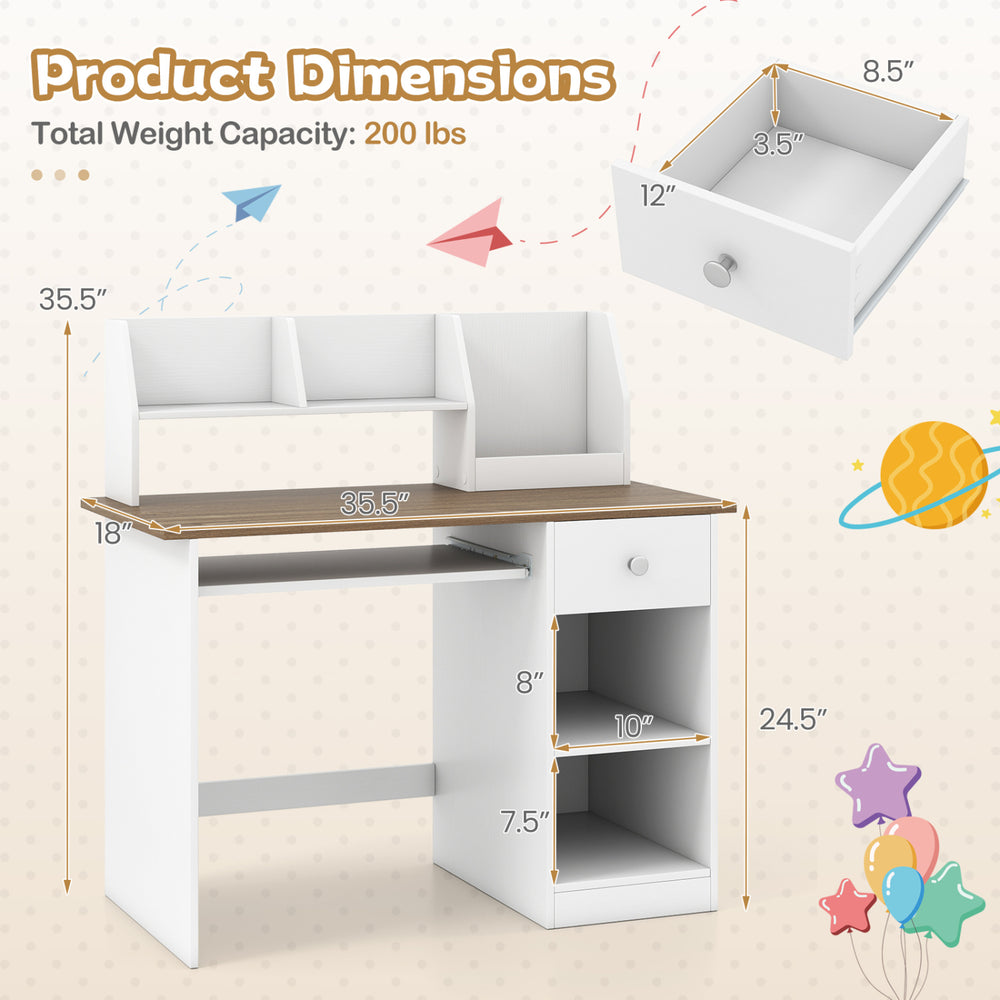 Kids study desk with dimensions, featuring a drawer, shelves, and keyboard tray in natural finish for children's use.