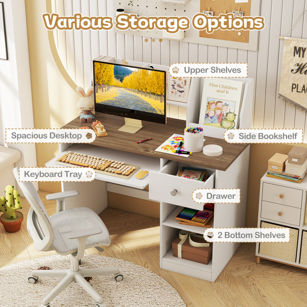 Kids study desk with spacious desktop, upper shelves, drawer, and keyboard tray in natural finish for organized.