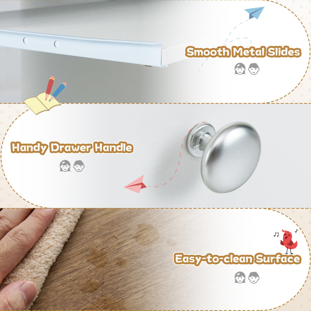 Close-up of the kids study desk showing smooth metal slides, handy drawer handle, and easy-to-clean surface.