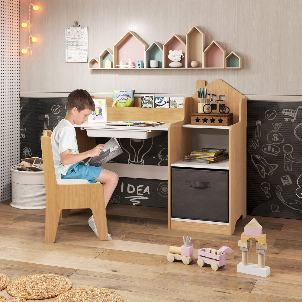 Natural wood kids study desk with ergonomic chair, featuring a pull-out drawer and removable fabric storage bin for.