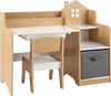 Kids study desk and chair set in natural finish with open shelves, drawer, and fabric storage bin for organized play.