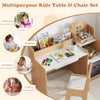 Kids study desk and chair set in natural wood with open shelves, ideal for learning, drawing, and playing activities.