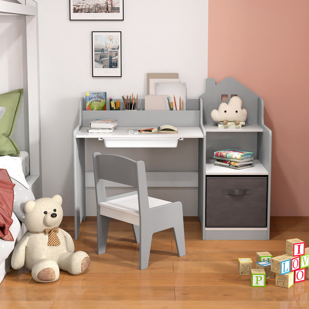 Kids Study Desk and Chair Set with Open Shelves Drawer and Fabric Storage Bin-Gray - Gallery View 1 of 10